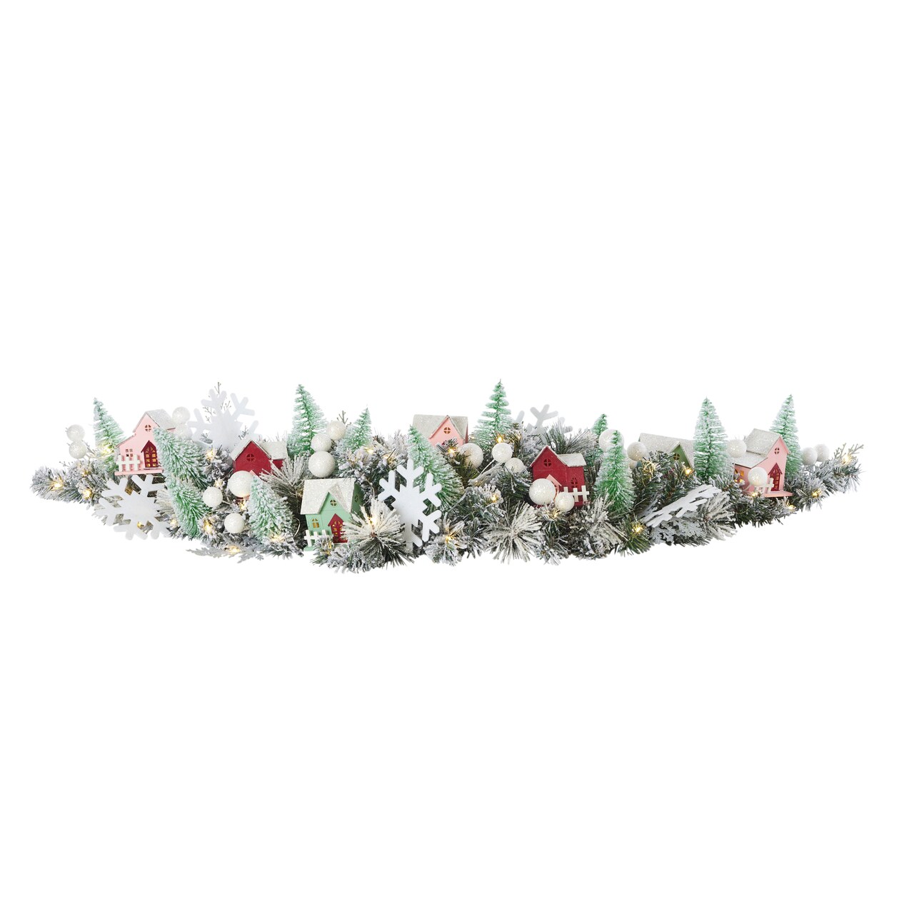 Christmas Snowy Cottage 60in Mantel Swag Pre-Lit with 70 LED Fairy Lights B/O